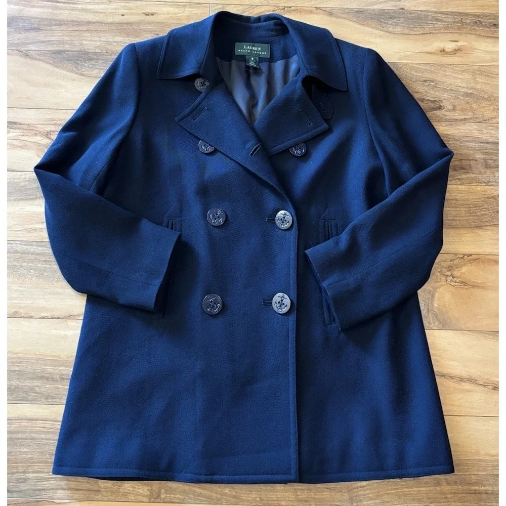 Lauren Ralph Lauren Womens 8‎ Blue Double-Breasted Wool Spandex Blazer  Pea Coat